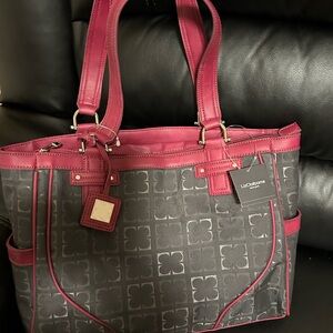 Liz Claiborne Charcoal Gray and Burgundy Shoulder Bag with Logo all over